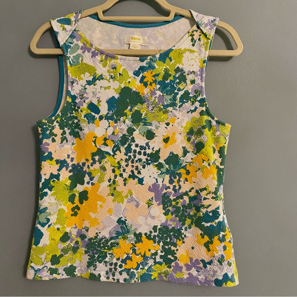 Maeve Floral Textured Boat Neck Scoop Tank Top in Yellow, Green & Lavender Sz S - Picture 3 of 9